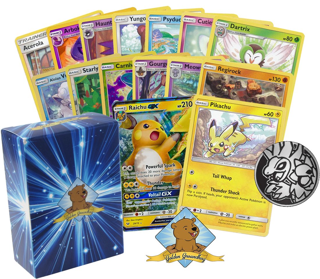 Buy Pokemon 100 Card Lot - Featuring Raichu GX and Pikachu! Foils - Rares  and 1 Collectible Coin! Includes Golden Groundhog Box! Online at  desertcartBermuda