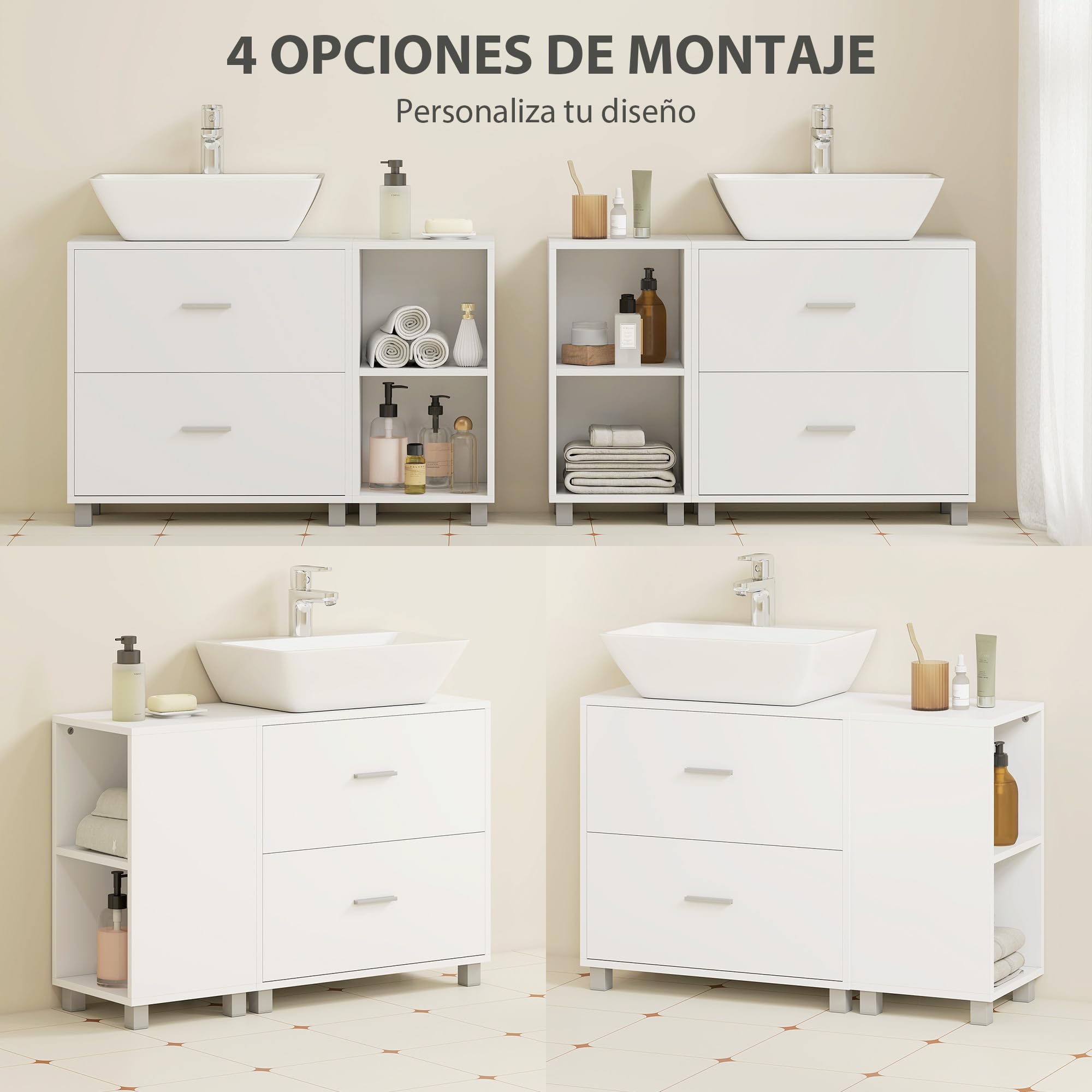 HOMCOM Mueble Bajo Lavabo, Mueble Baño para Pedestal 90x30x60 cm Blanco | 2 Cajones, 2 Estantes Abiertos, Estilo Moderno