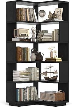 Besiost Corner Book Shelf, 6-Shelf Corner Bookshelf for Small Corner Spaces, L-Shape Bookcase Corner Display Shelf for Home Office, Living Room, Bedroom, Black