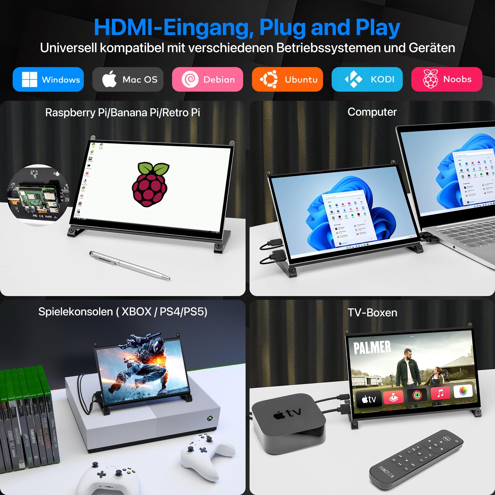 ROADOM 10.1" Touchscreen Monitor, 1024x600 IPS für Raspberry Pi, HDMI | 5-Punkt-Touch, Dual-Speaker, Plug & Play, Pi 5/4/3/Zero, Home Assistant, Gaming, Sub-Monitor, 3 Display-Modi, Easy Setup