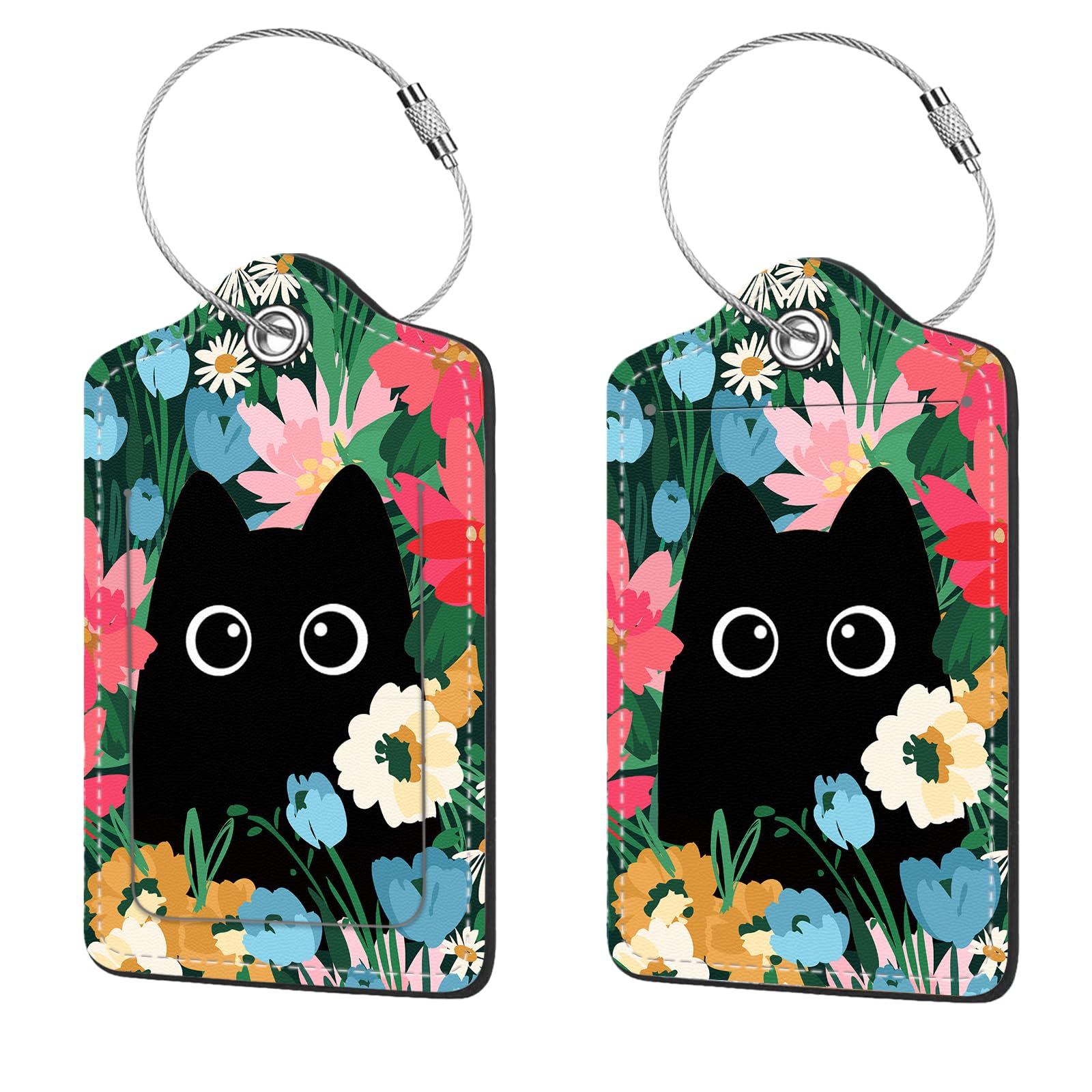 2 Pcs Luggage Tags for Suitcase, Cute Unique PU Leather Travel Bag Tag with Privacy Cover ID Label Address Card and Durable Metal Ring Suitable for