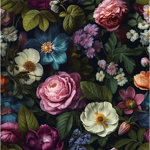 REDAMANCY Dark Black Pink Flowers White Poppies Peony Floral Peel and Stick Wallpaper Stick on Contact Paper Vintage Wall Paper Easy Peel Off for nightstand Drawer Cabinet Renter