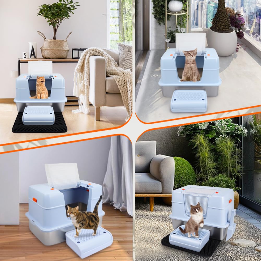 Vivifying - Cama para gatos de acero inoxidable con tapa, talla XL, fácil de limpiar y resistente a los olores, de acero inoxidable, con pedales, pala y alfombra(azul)