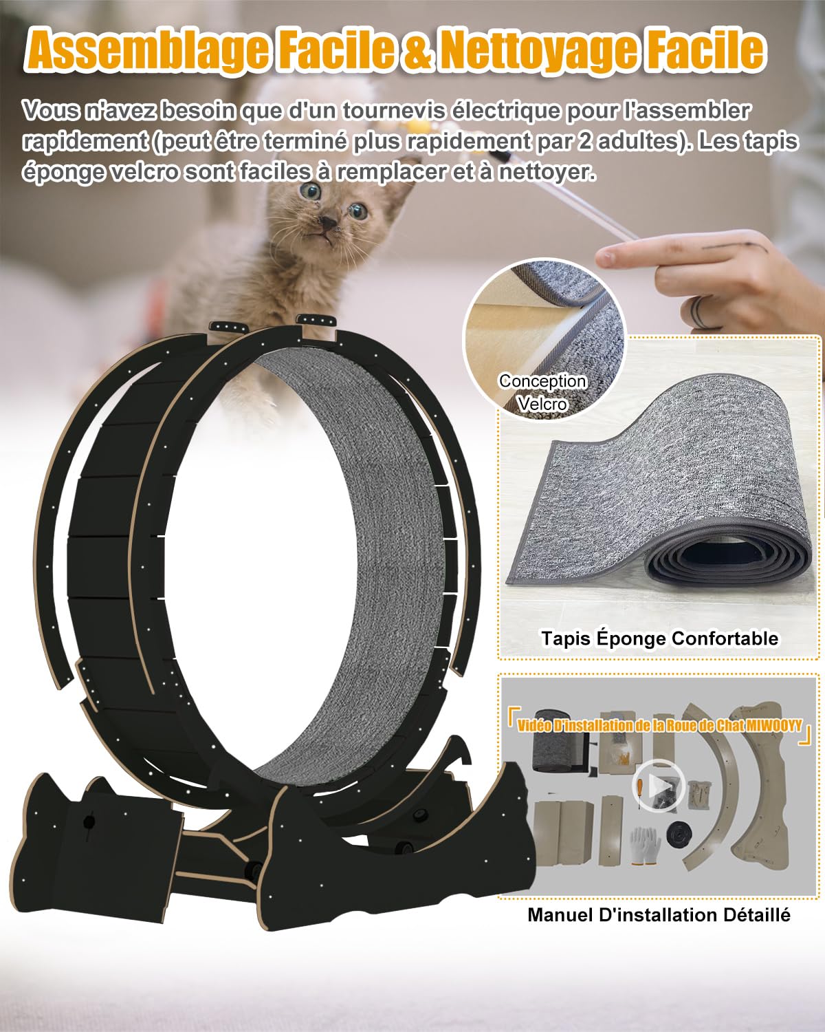 Roue pour Chat Grande d'exercice 110cm - Tapis Roulant en Bois Massif Noir pour Chats Intérieur avec Serrure