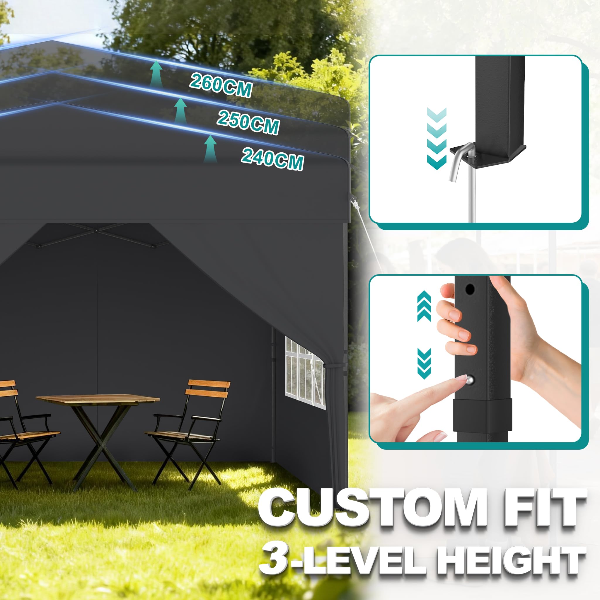 UISEBRT Tonnelle pop-up 2,5 x 2,5 cm, étanche, stable, résistante à l'hiver, anti-UV, pliable, avec 4 panneaux latéraux, verrouillage centralisé à un bouton, 3 hauteurs réglables 240 à 260 cm, pliable