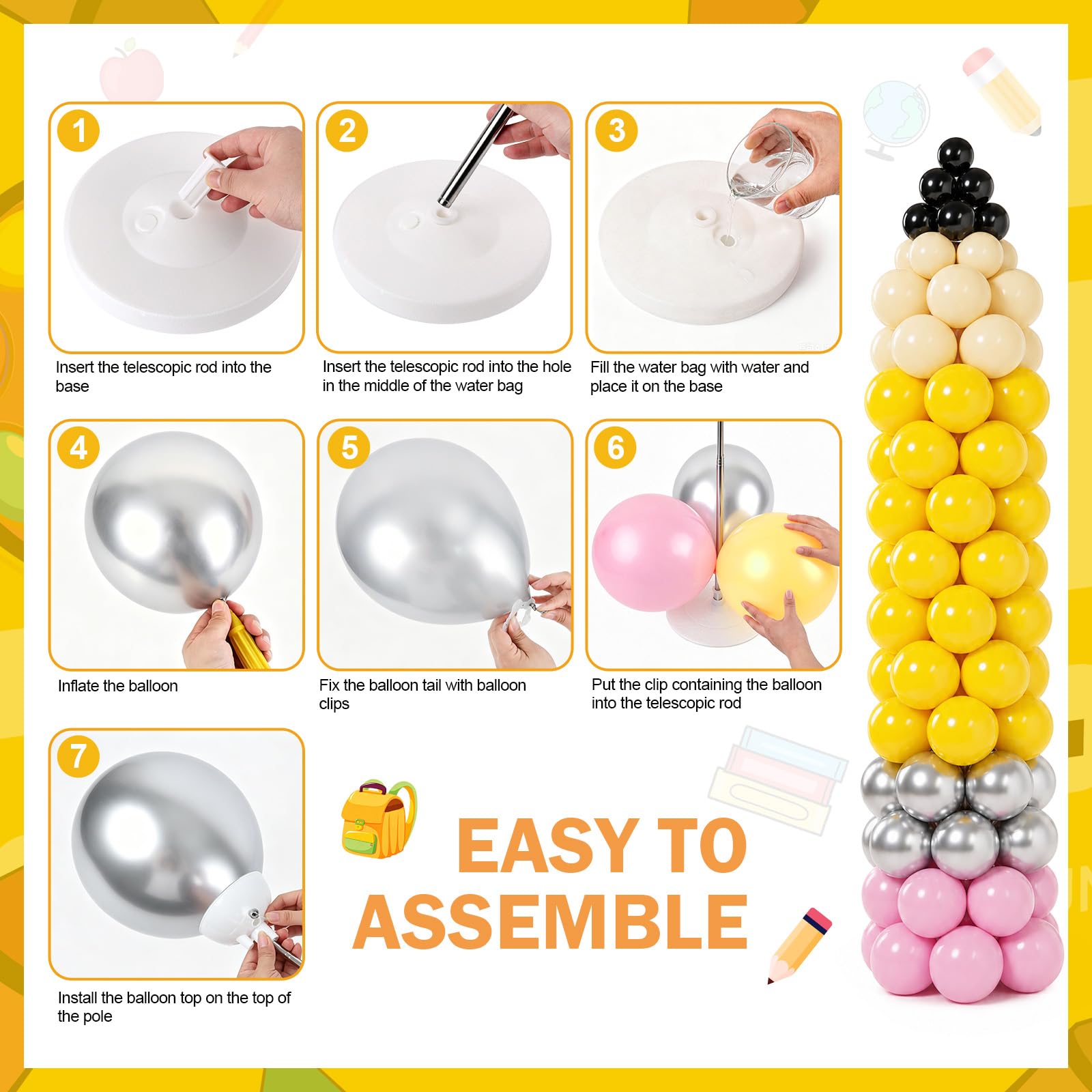 Kit de colonne de ballons pour la rentrée scolaire avec carnet de notes, bannière en papier, 2 ensembles de tour de ballons, support pour la première journée d'école, salle de classe, bienvenue