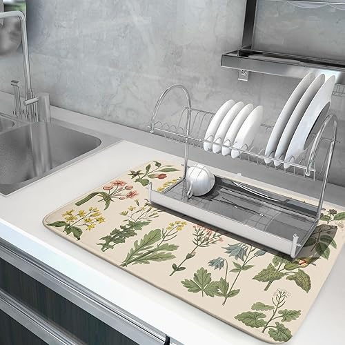 Miniatura 5 de Tapete de secado de platos de hierbas y flores para decoración de encimera de cocina, 18 x 24 pulgadas, absorbente, reversible, tapete de microfibra