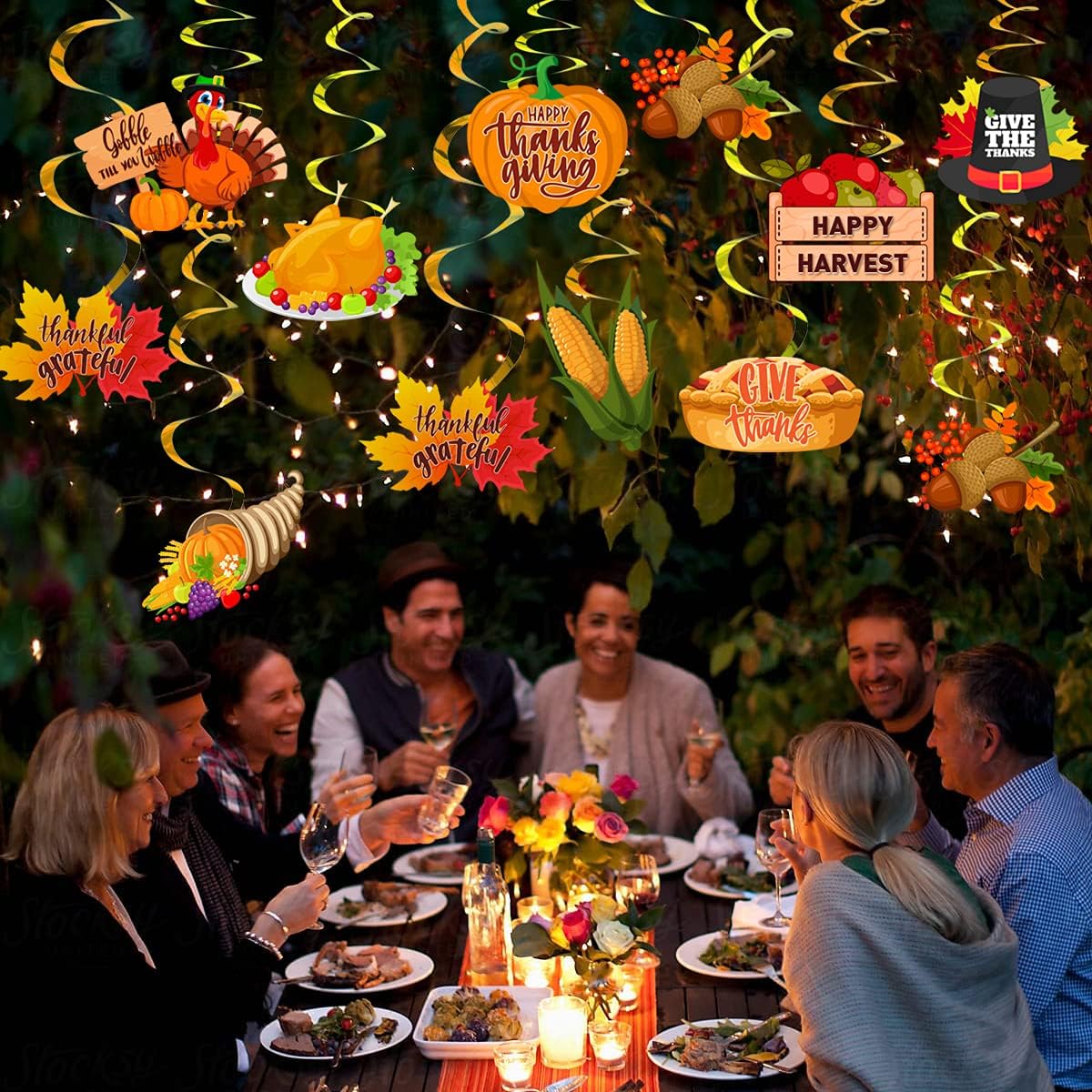 Thanksgiving Hanging Swirls Decorations, Fall Friendsgiving Hanging Swirl with Maple Leaves Pumpkin and Turkey Harvest Time Party Supplies for Home Office Indoor Autumn Ceiling Decor - 40Pcs