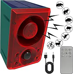 Alarme solar com sensor de movimento externo – QXMH Dog latido e som de tiro, suporta gravação e ± volume, luz de alarme com detector de movimento de 130 db, com USB para casa, casa, fazenda, celeiro