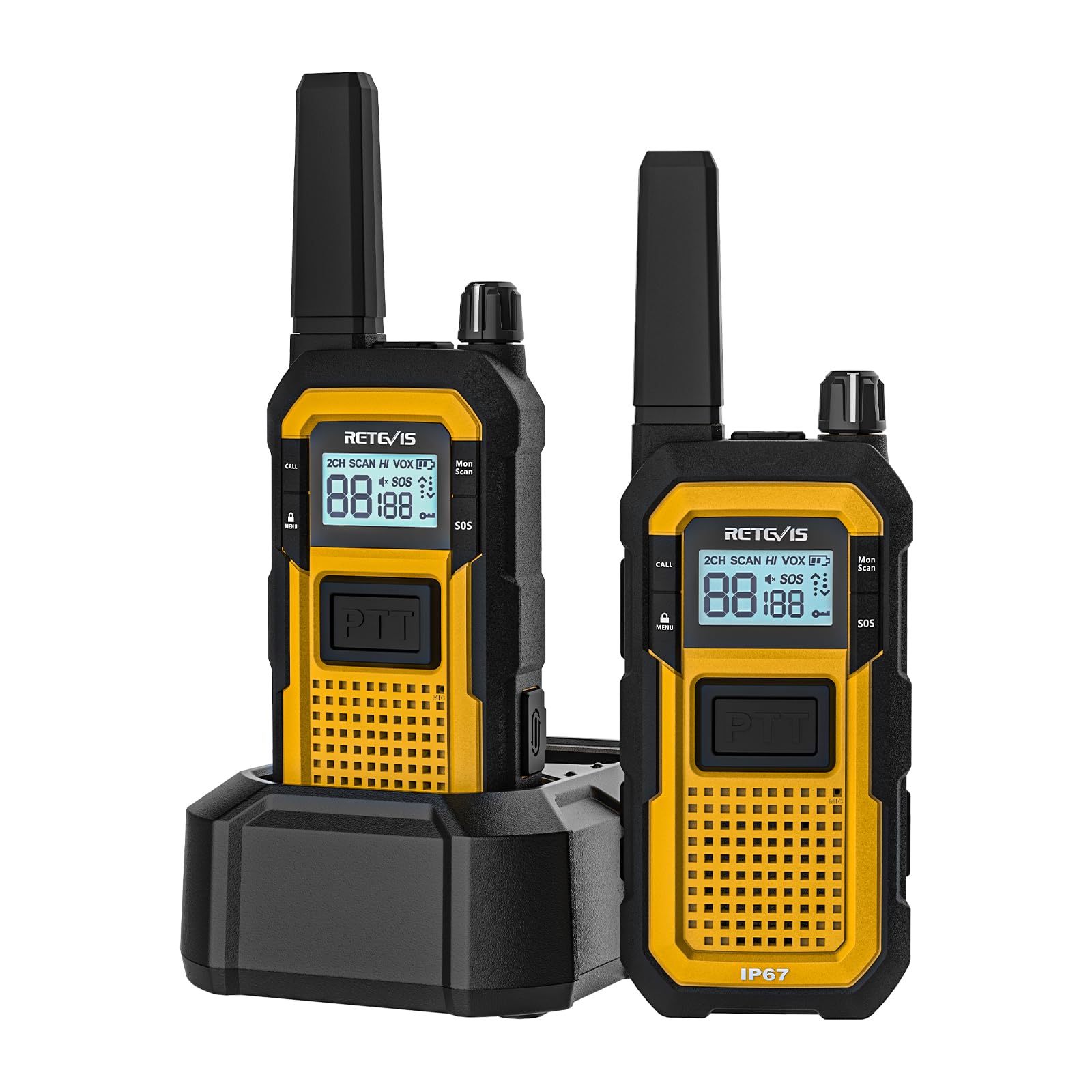 Retevis RB648 Talkie Walkie, Imperméable Radio Bidirectionnelle Longue Portée IP67, Anti-Chute, Anti-poussière, PMR446, Double PTT, 2000mAh, Talkies-Walkies pour Agriculture (2 Pièces, Jaune)