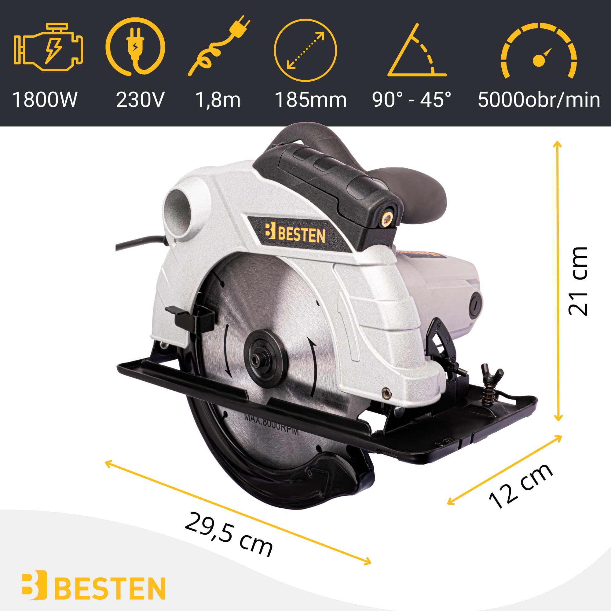 Piła tarczowa ręczna 2000W 185 mm do drewna, laser, 3 tarcze 24T 40T 60T, cięcie 65 mm, regulacja 0–45°, odsysanie pyłu BESTEN