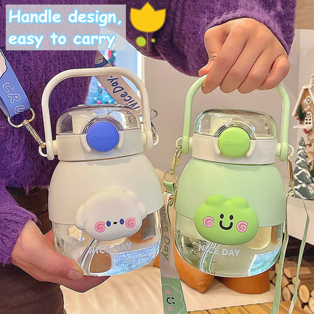 Kawaii Frosch Trinkflasche 850 Ml – Mit Strohhalm, Schultergurt & Süßen Aufklebern