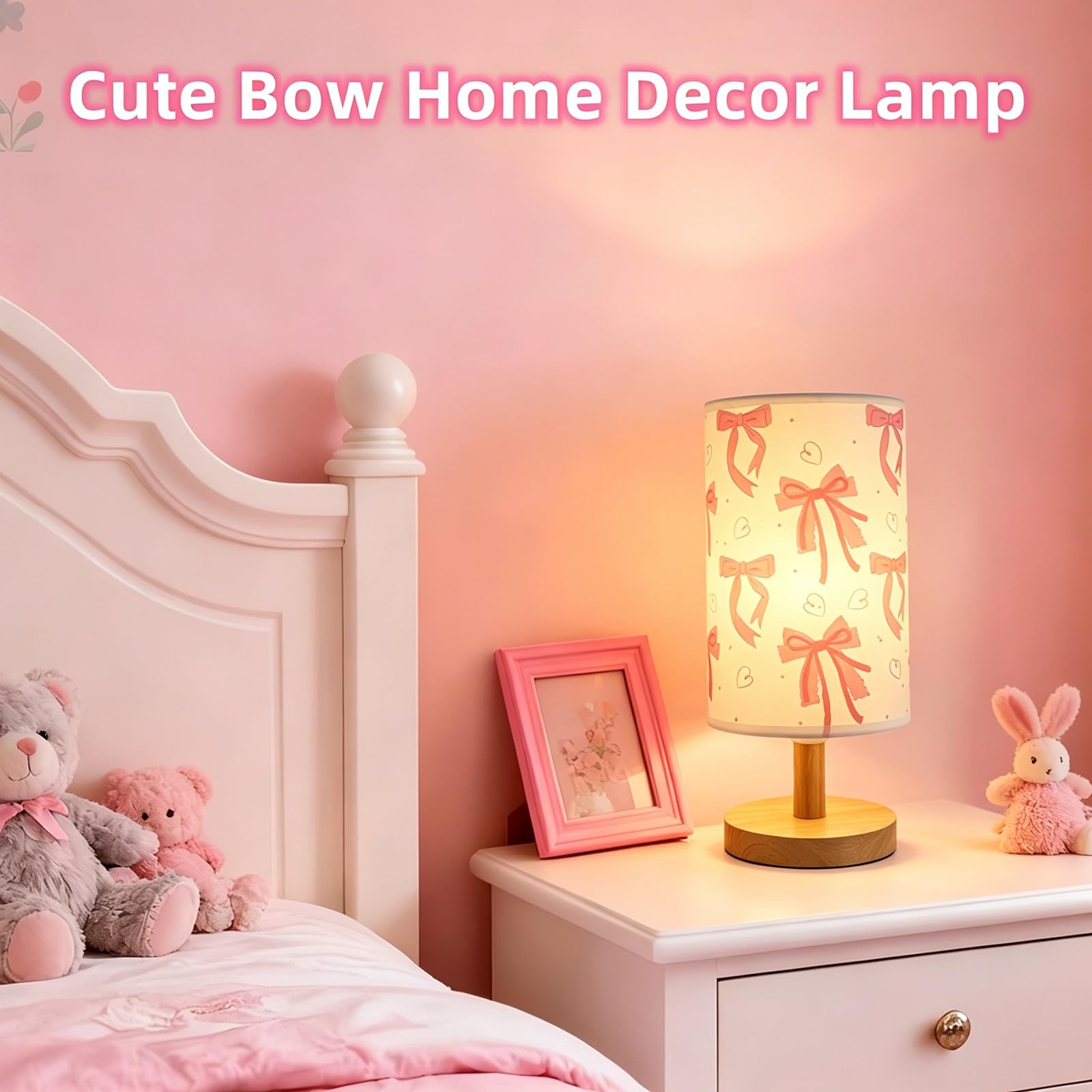 Różowa lampa stołowa z kokardą, 3 kolory lampka nocna do sypialni dziecięcej lampka nocna lampka nocna do pokoju dziewczęcego dekoracyjne światła z kreskówkową tkaniną lnianą abażur lampa biurkowa dla