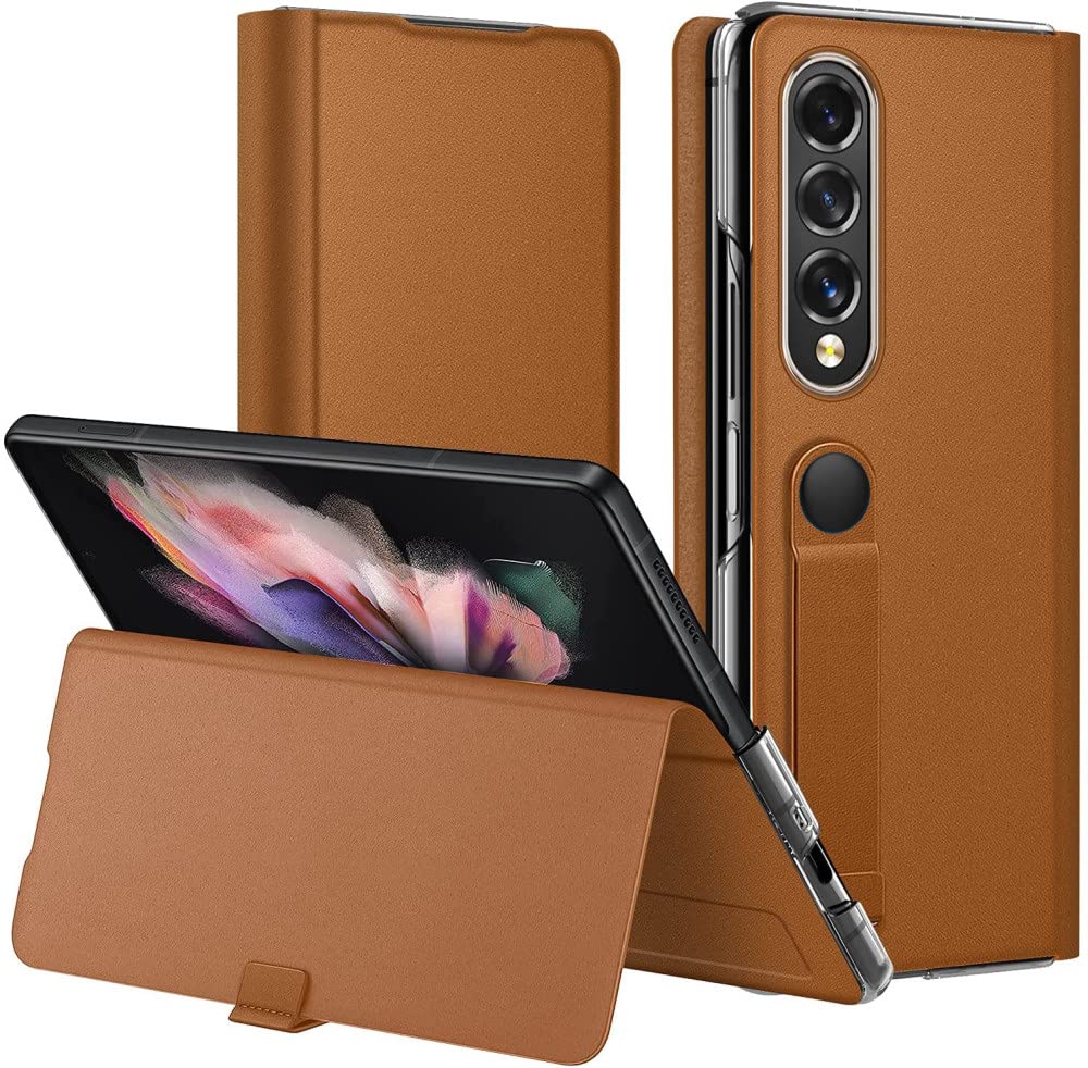 Coque fine Galaxy Z Fold 4 cuir marron anti-choc avec support stand - 8