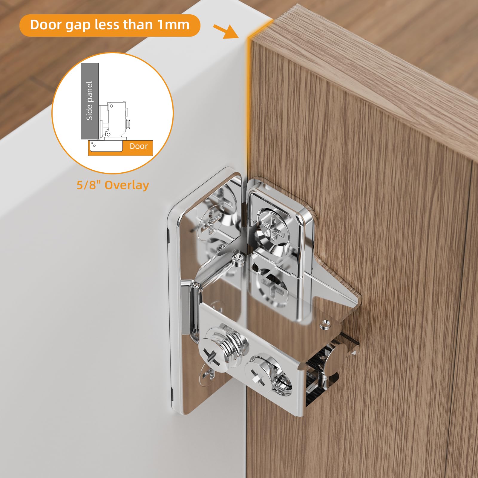 Chibery Paquete de 20 bisagras superpuestas de 5/8 pulgadas, acero inoxidable de 45 mm, cierre suave 3D silencioso oculto para puerta de marco frontal y puerta sin marco, reemplazo de cocina de ángulo