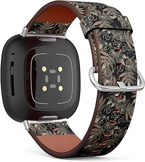 CJBROES Replacement Leather Watch Band, Compatible with Fitbit Versa 3 and Fitbit Sense of Wristband Bracelet Accessory - Floral Dark Leafy