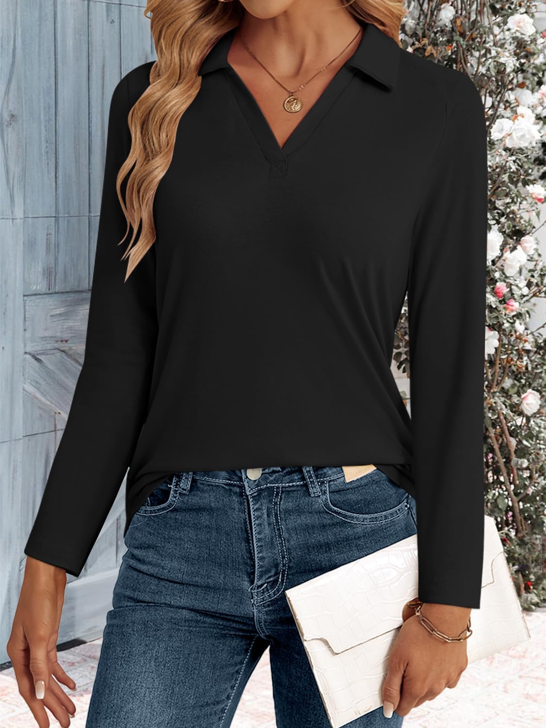 LYHIPSS Long Sleeve Shirts for Women Tops Dressy Casual Business Polo V Neck Fall Tunic Tops Blouses Outfits Black L