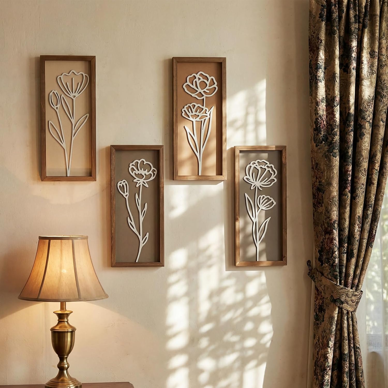 Novabright 3D Wooden Floral Bathroom Wall Decor Set of 4 Neutral Flower Earth Tones Wall Boho Art Botanical Farmhouse Bathroom Decorations for Living Room, Bedroom, Office