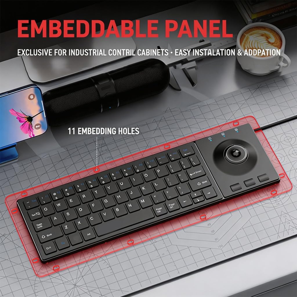 Teclado de 64 teclas con marco de metal con interruptores de tijera y bola de seguimiento para entornos de trabajo duros