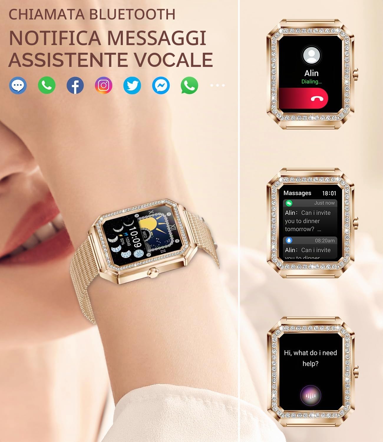 Smartwatch Donna con Effettua Risposta Chiamate 1.59" Orologio Fitness Monitor del Cardiofrequenzimetro SpO2 Sonno Contapassi Assistente Vocale Notifiche Whatsapp Smart Watch per Android iOS