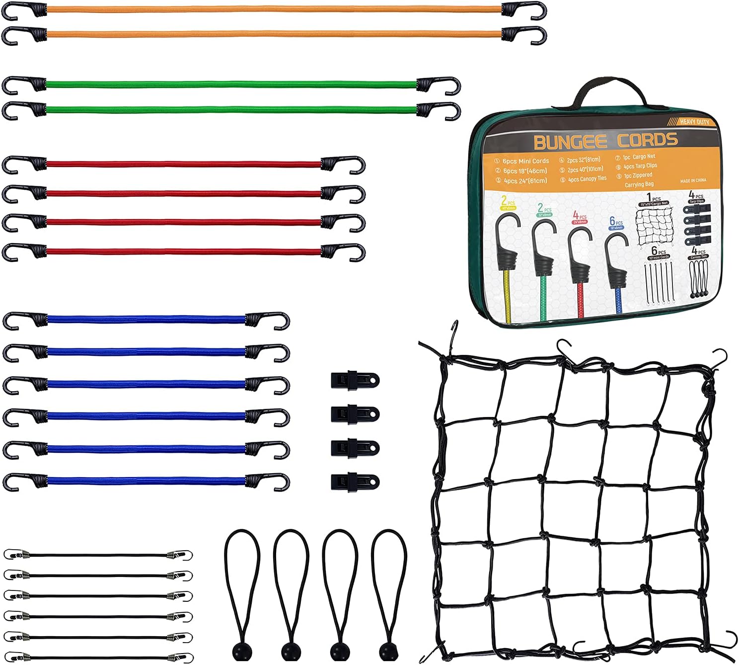 Bungee Cords Heavy Duty with Hooks ,30 Piece Set,Includes Bungee Cords,Bungee Cords with Balls,Tarp Clips,Cargo Net and Carry Case. : Tools & Home Improvement