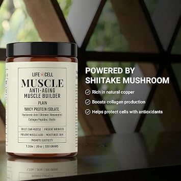 LifeCell Whey Protein Anti-Aging Muscle Builder with Shiitake Mushroom, Collagen & Hyaluronic Acid Plain, No Sugar Added, Soy-Free, Gluten-Free, 550g