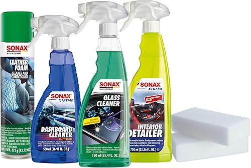 SONAX Kit de interior de automóvil premium | Juego completo de limpieza interior de 5 piezas | Limpiador de salpicaderos, espuma de cuero, limpiador