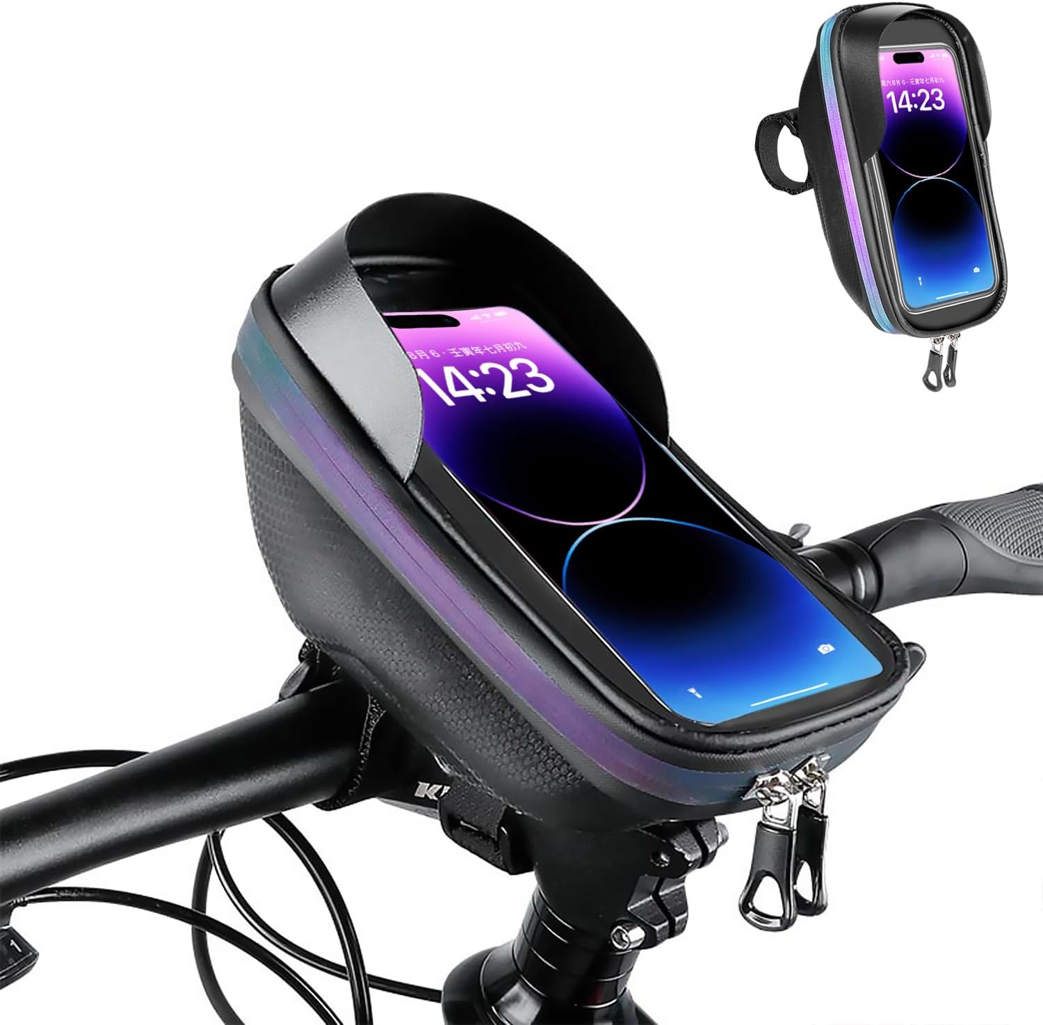自転車用携帯電話ホルダー 自転車フロントフレームハンドルバーバッグ EVAハードシェル 防水バイクアクセサリー タッチスクリーンとレインカバー付き 6.9インチ未満の携帯電話用