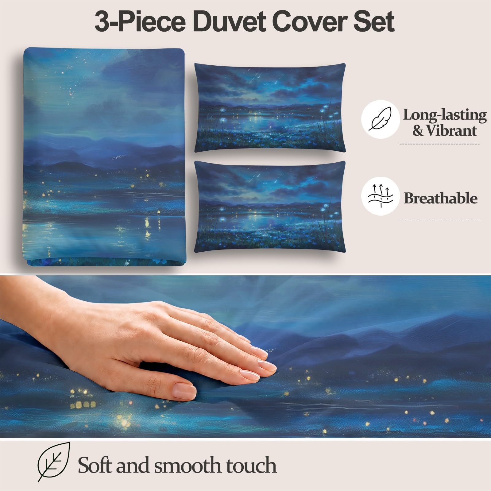 Generisch Pościel 200 x 220 cm, 3-częściowy zestaw pościeli dla dzieci, z mikrofibry, z zamkiem błyskawicznym, łąki, jezioro, popularna, miękka, dla chłopców i dziewczynek, niebieska pościel z 2