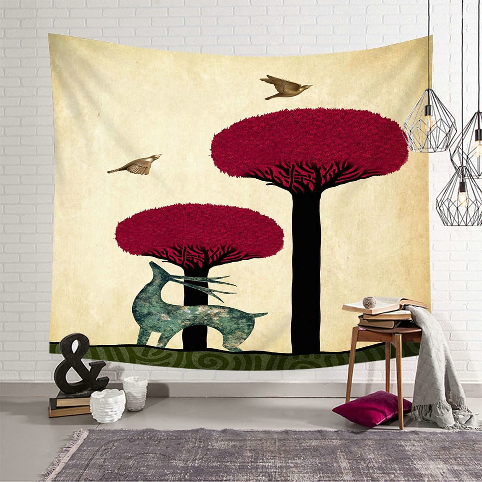 KnSam Tapestry, Wall Hanging Two Trees and Deer Wall Decoration Made of Polyester Tapestry Red Black 200 x 200 cm
