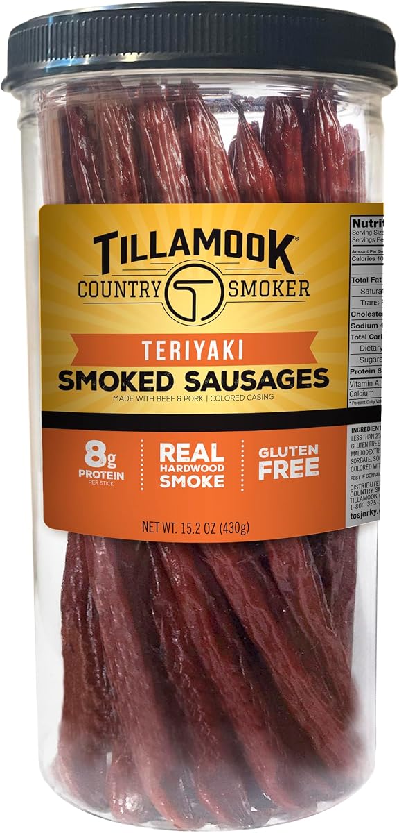Tillamook Country Smoker Salchichas ahumadas de madera dura real, Teriyaki, frasco de 15.2 onzas de alto, 20 unidades