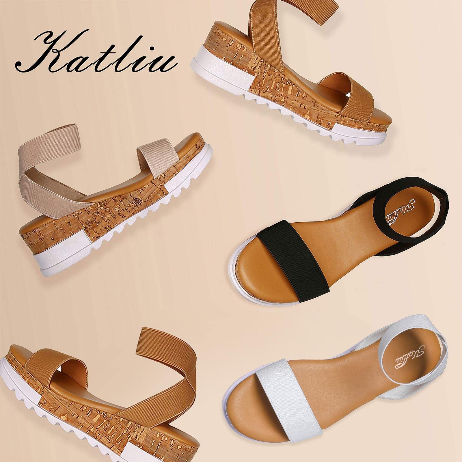 katliu Women's Wedge Platform Sandals Elastic Ankle Strap Cork Platform Sandals