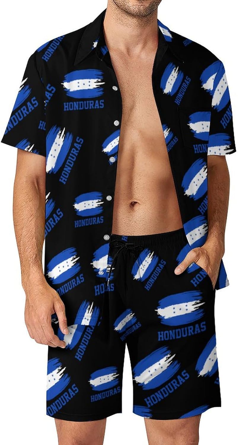 Honduras Flag Men's Summer Beach Outfits Shirt And Shorts Set 2 Piece Vacation Swimwear