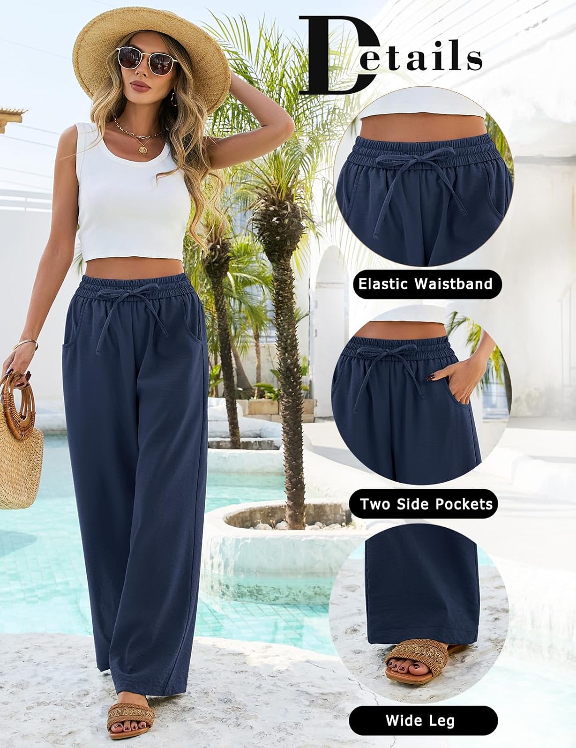 HEEKPEK Women Summer Flowy Pants Wide Leg Elastic Waist Drawstring Palazzo Casual Loose Beach Travel Trousers with Pockets
