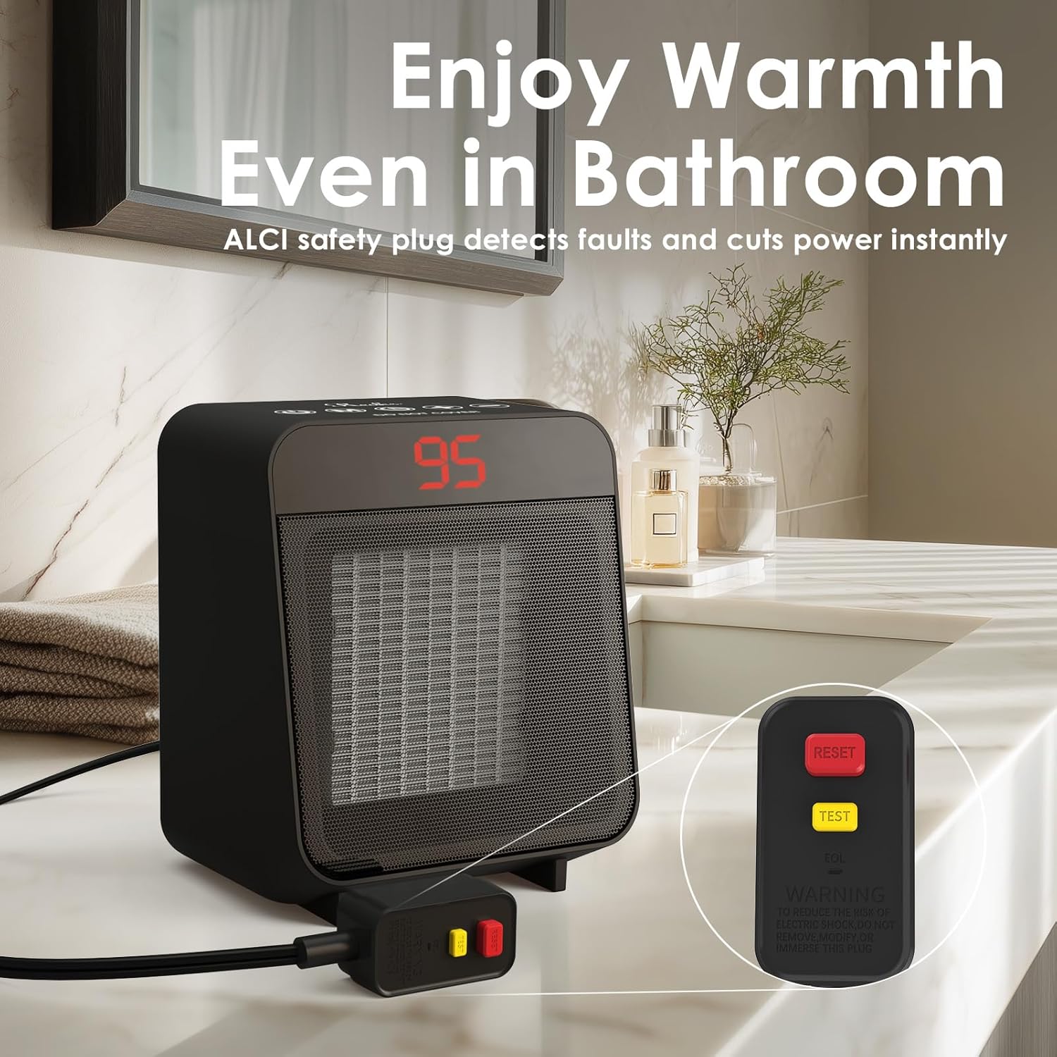 Reaks space heater placed on a bathroom counter, showing its ALCI safety plug connected to an outlet.