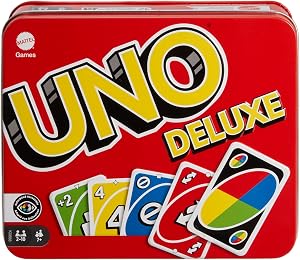 Mattel Games UNO Deluxe, Jeux De Cartes Familial pour Enfants Et Adultes, Jeu De Société pour Soirée Jeux en Famille Ou en Voyage, 2 À 10 Joueurs, Jouet pour Enfant de 7 Ans et Plus, K0888
