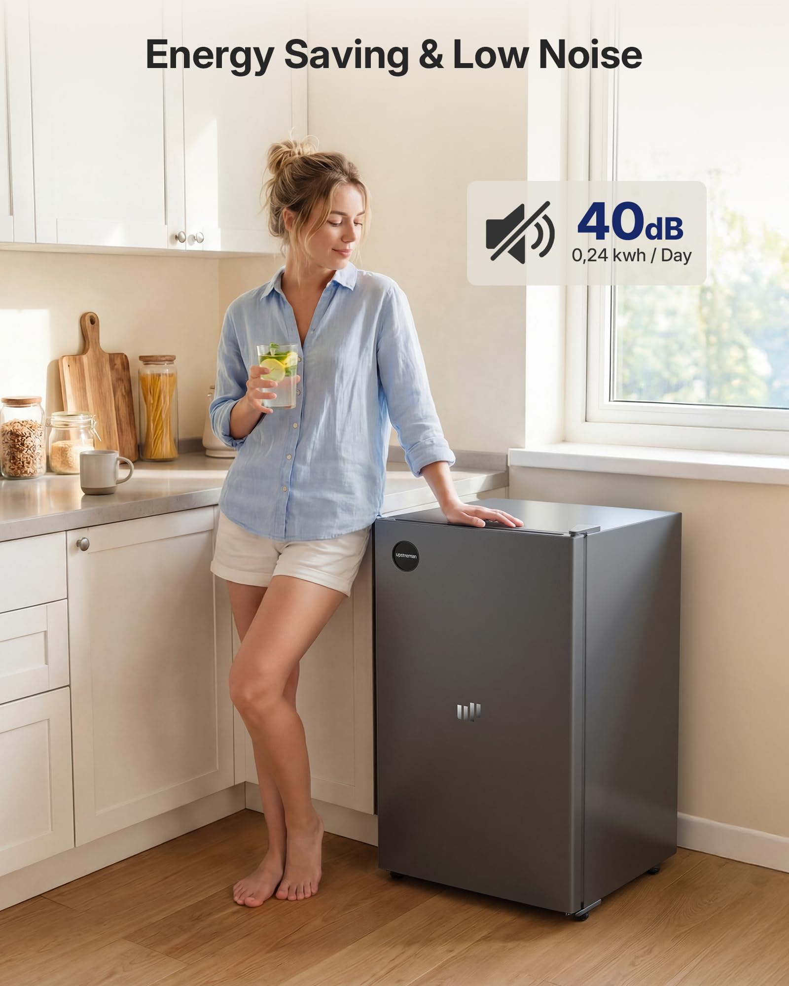 Upstreman 91 Litres Under Counter Fridge Without Freezer 83cm, Small Refrigerator with 1-10℃ Temperature Control, LED Light, Quiet, Compact Refrigerator for Office, Dorm, Dark Grey, CR91 — view 6