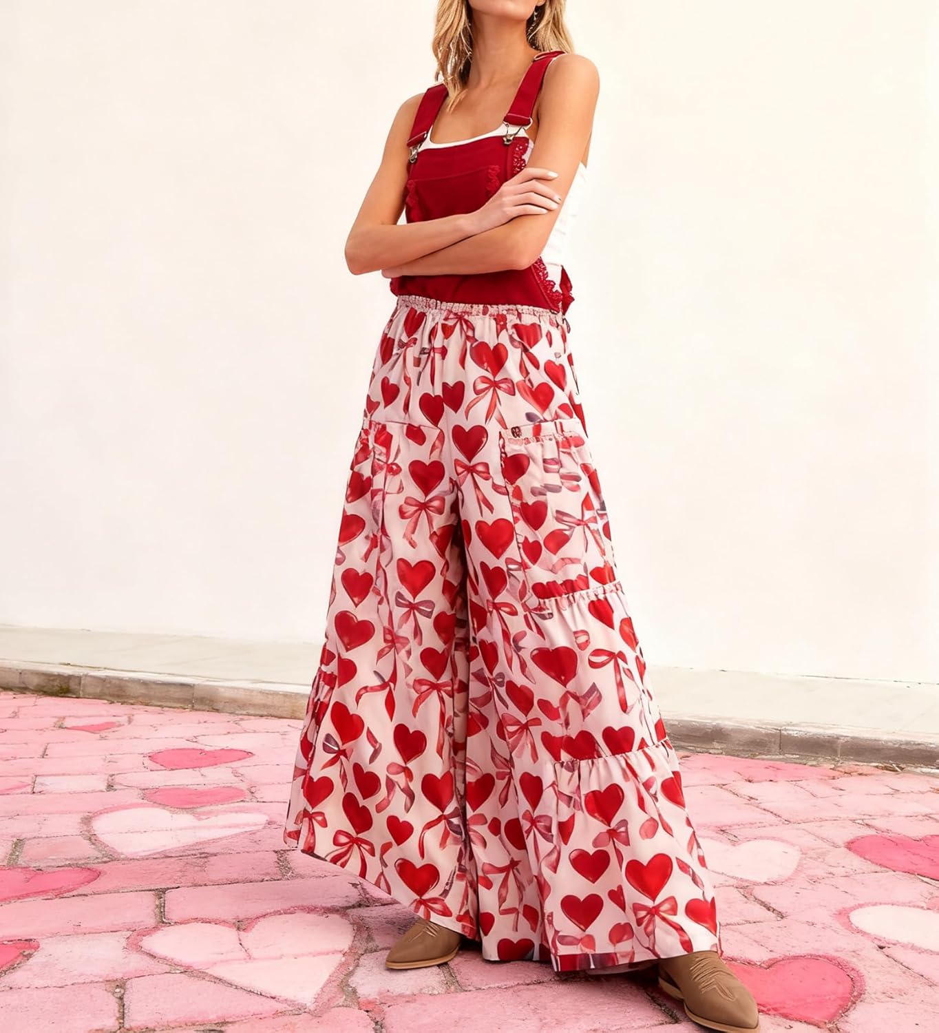 Womens Valentine's Day Bibs Overalls Heart Printed Sleeveless Adjustable Straps Wide Leg Pants Loose Jumpsuit - Image 4