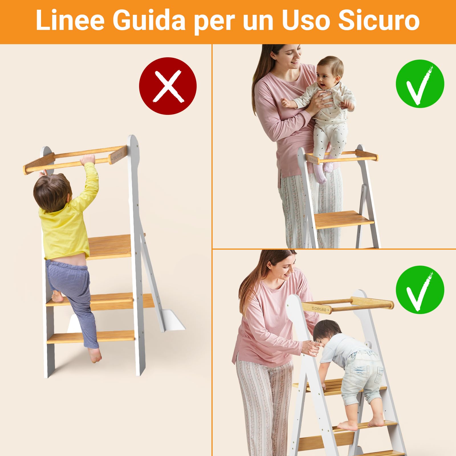 COSYLAND Torre Montessoriana Pieghevole per Bambini – Torre Montessoriana Bambini Regolabile in Altezza, Premontata al 95%, Design Salvaspazio, Ideale per Cucina o Bagno (Bianco e Naturale)