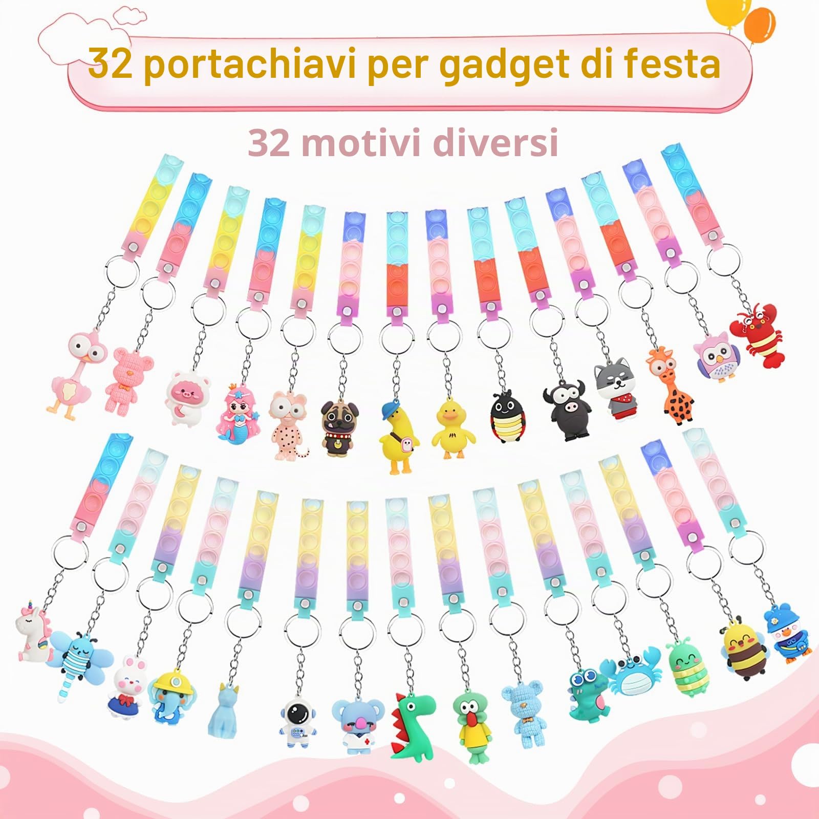 Gudotra 32 Pezzi Portachiavi Animale Gadget Compleanno Bambini con Pop it Fidget Toys Antistress Regalini per Invitati Alunni Fine Anno Scolastico Pensierini per Bambini Dopo Festa