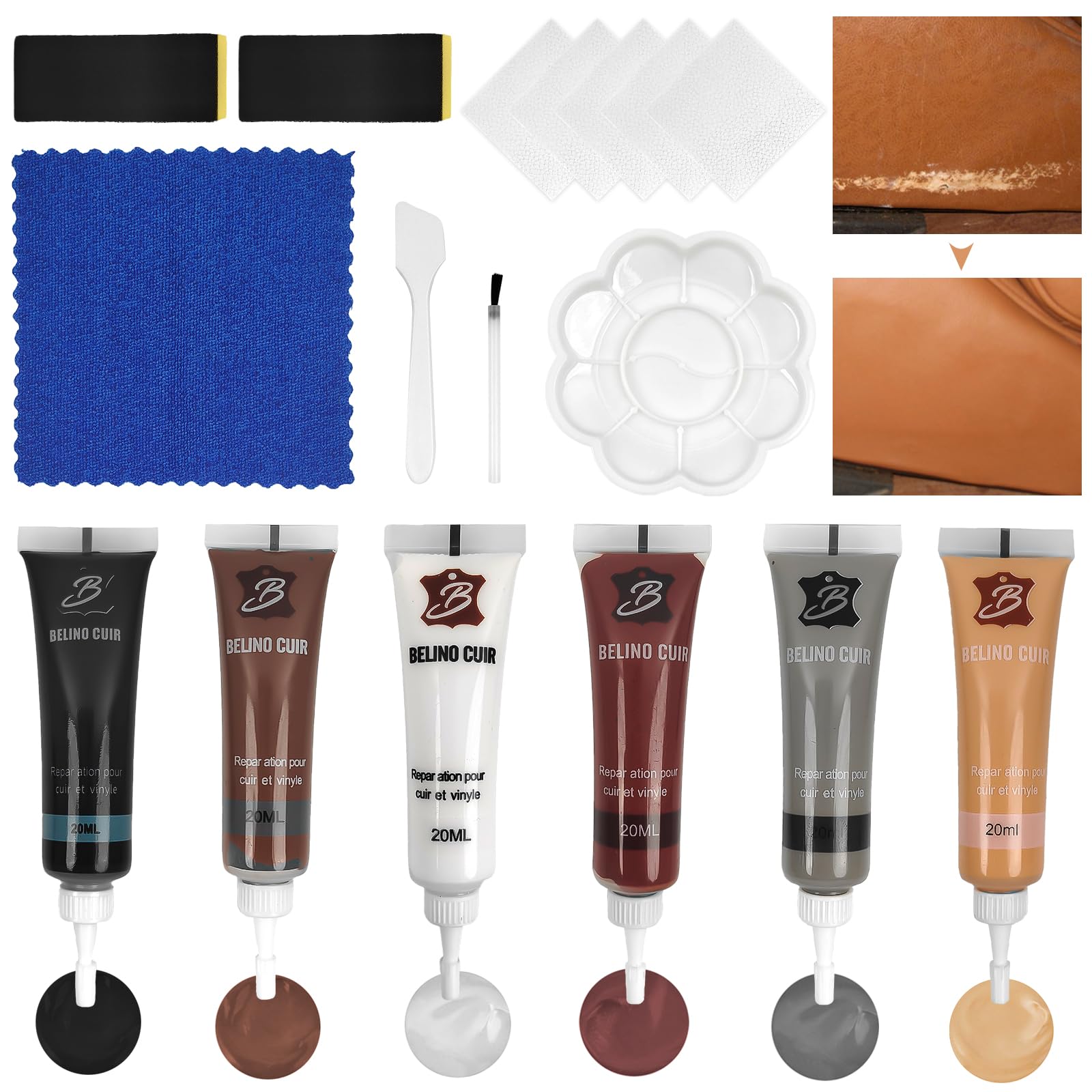 LHOEST Leder Flüssigleder Reparatur Set, Kunstleder Reparaturset Mit 2 Schwamm Passend für 6 Lederfarbe, Lederreparaturset, Lederreparatur Creme für Autositze Sofas Lederjacke Schuhe Mäntel