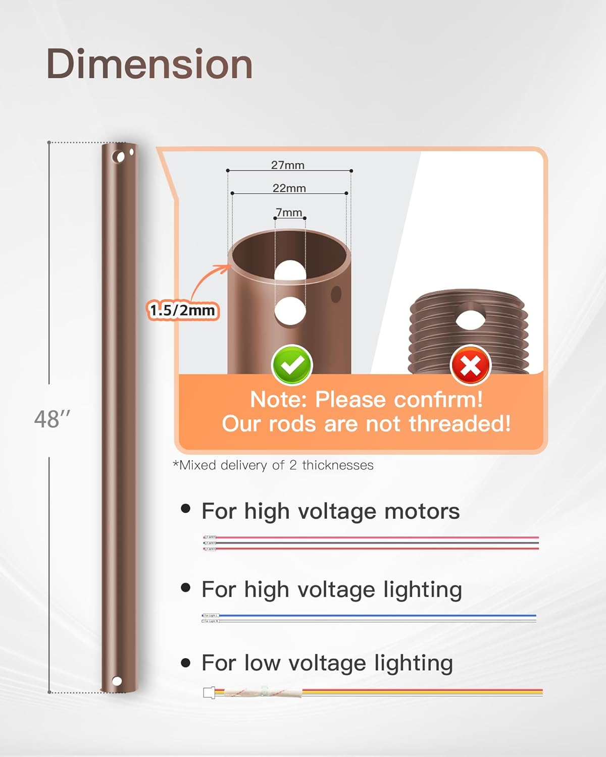 48 inch Ceiling Fan Downrod,48" Height Ceiling Fan included 9 Extension Wire for Wide Range of Fans Down Rod, Unthreaded,Dia 1.02'',Antique Bronze
