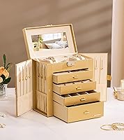 Vista 72 de Homde Regalos de Navidad de cuero sintético, enorme joyero, organizador de reloj con espejo, collar, anillo y aretes, estuche de regalo con Dorado