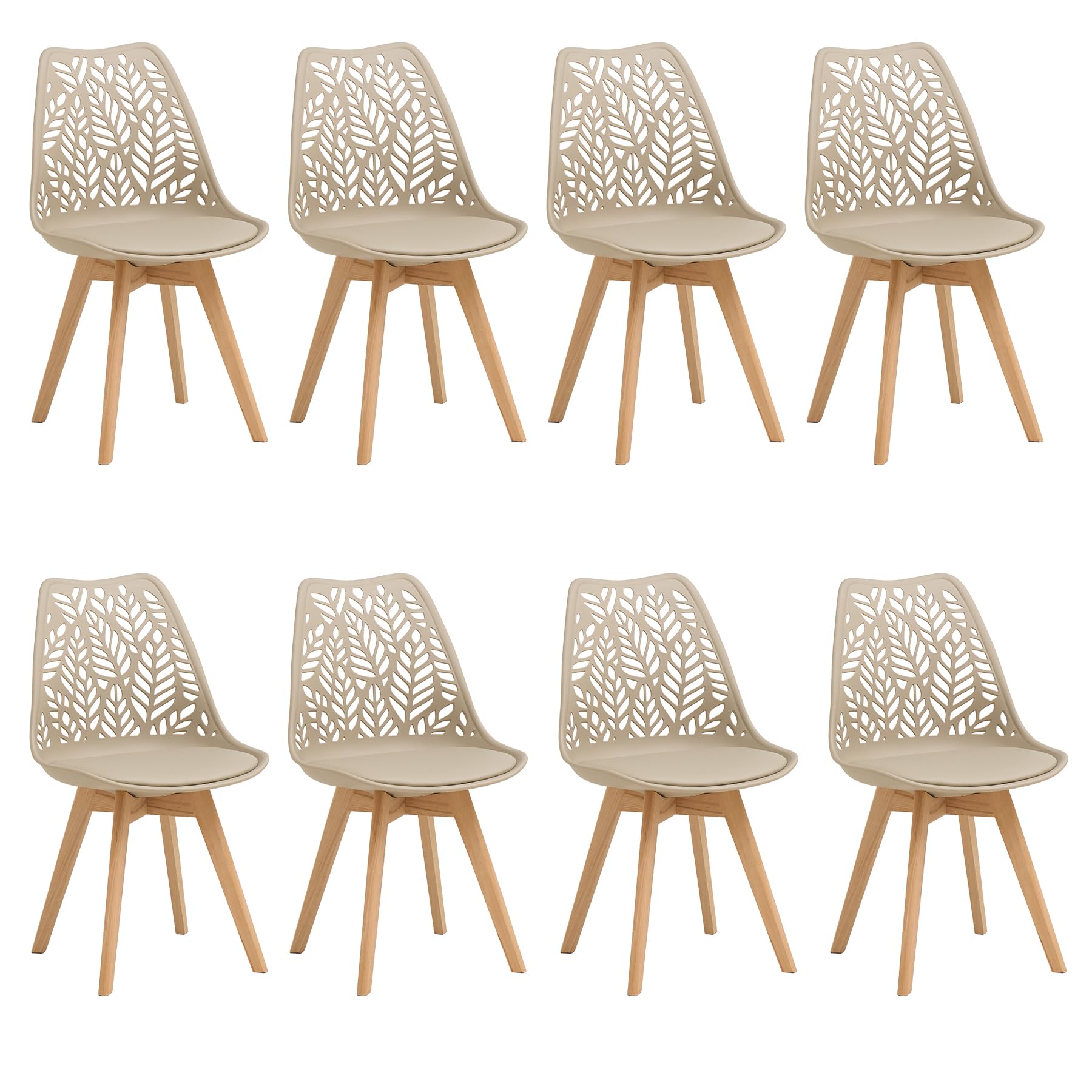 Juego de 8 sillas de Comedor Estilo nórdico, sillas de Cocina Modernas con Patas de Madera Maciza,Respaldo Abierto y tapizado en Piel sintética para comedores, cocinas,Caqui