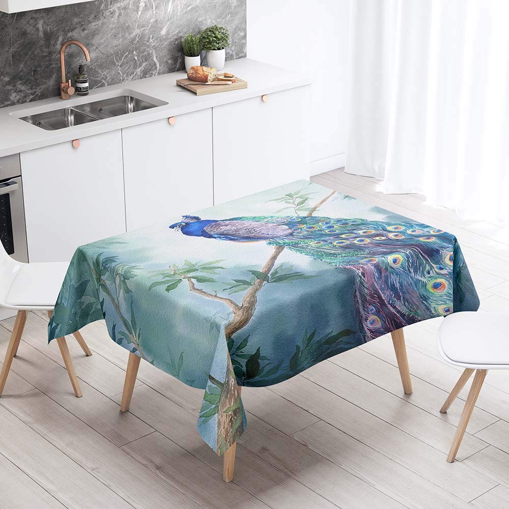 DOTBUY Tablecloth Waterproof, Rectangular Table Cloths Easy Wipe Clean Oil-Proof Stain-Resistant Dust-Proof Polyester 3D Printed Table Cover (140x260cm,Blue peacock)