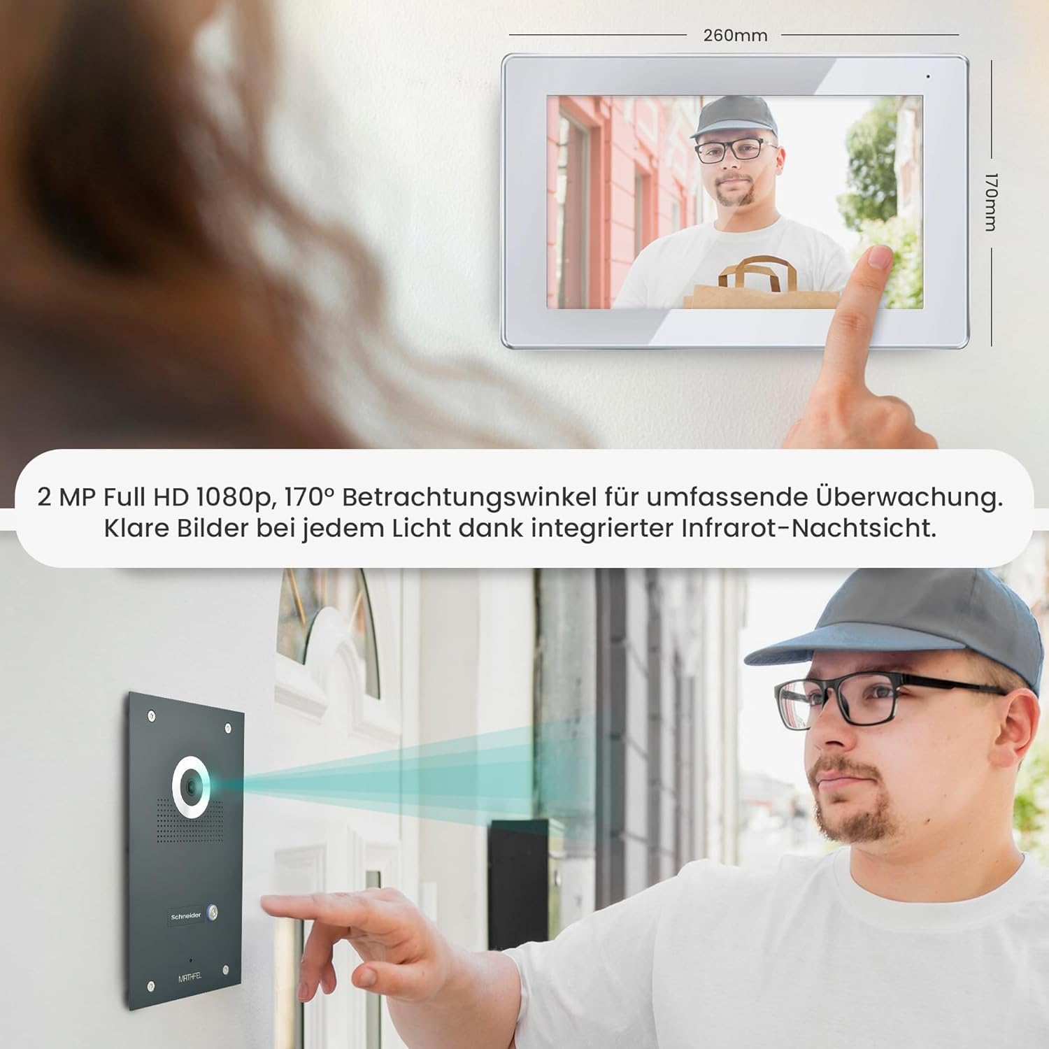 MATHFEL 4 Draht Bus IP Video Türsprechanlage 170 Grad Kamera, Außenstation in Edelstahl, Full HD Auflösung (1x Monitor mit WLAN)