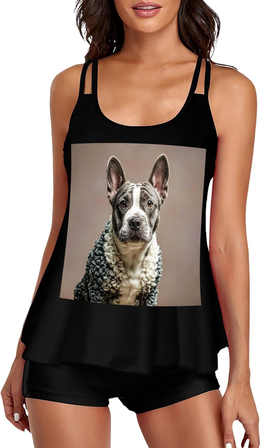 French Poodle Tankini Swimsuits for Women Tummy Control Two Piece Bathing Suits Swim Tops with Boy Shorts