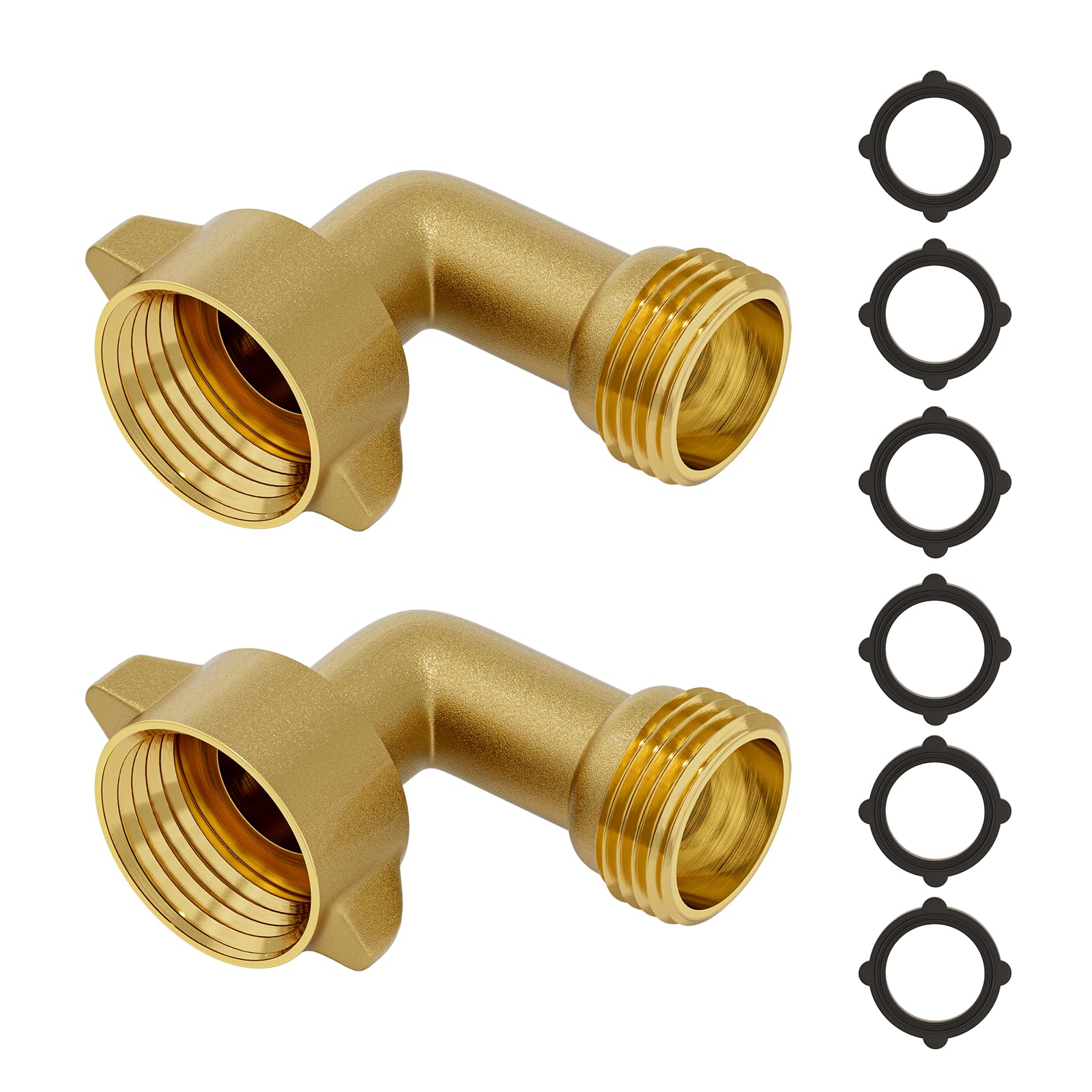 SPECILITE90 Degree Brass Garden Hose Elbow Adapter (2pcs) with 3/4" Heavy Duty & 6 Extra Rubber Washers