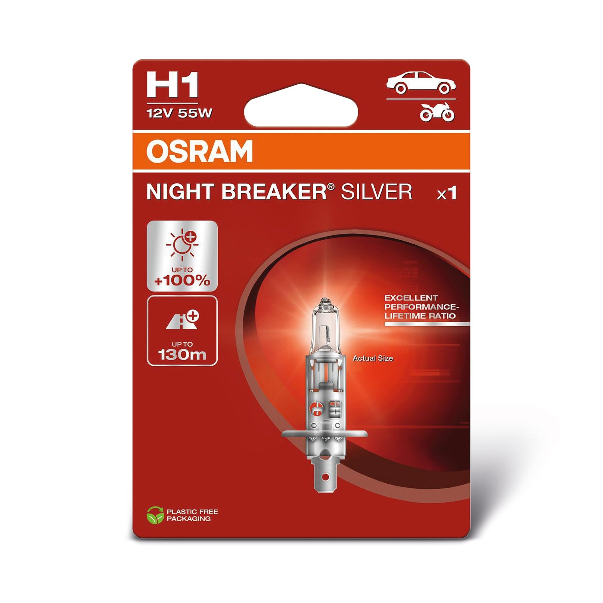 OSRAM NIGHT BREAKER SILVER H1 – Halogenlampe, +100% Helligkeit, bis zu 130 m Lichtkegel, Einzelblister