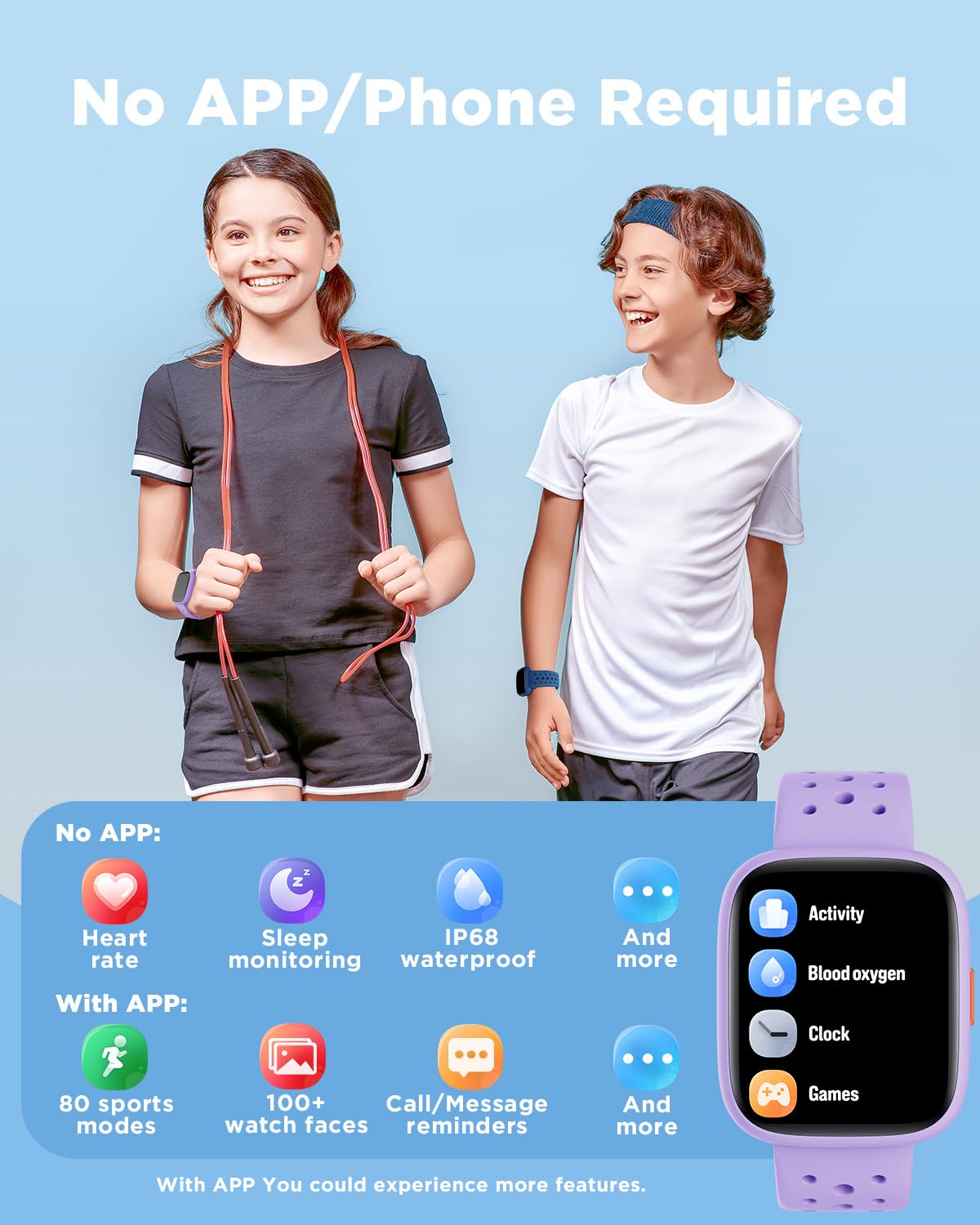 BIGGERFIVE Smartwatch dla dzieci, zegarek fitness 1,8 cala, krokomierz, puls 24/7, monitor snu, alarm wibracyjny, wodoodporność IP68, gry logiczne z/bez aplikacji, dla dziewcząt, nastolatków 5-16